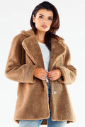 Manteau en fausse fourrure camel ample col large fermeture pressionnée poches latérales doublure en tissu polyester 100% Pologne femme automne hiver