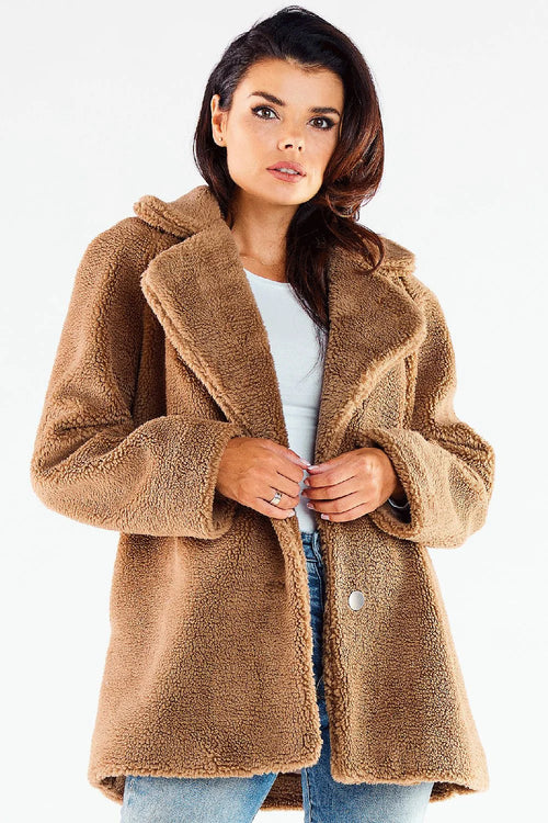 Manteau fausse fourrure camel ample col large pression poche latérale doublure polyester léger féminin style sophistiqué automne-hiver femme