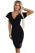 Robe de cocktail élégante noire courte manches courtes décolleté V profond ceinture incluse fente genoux femme