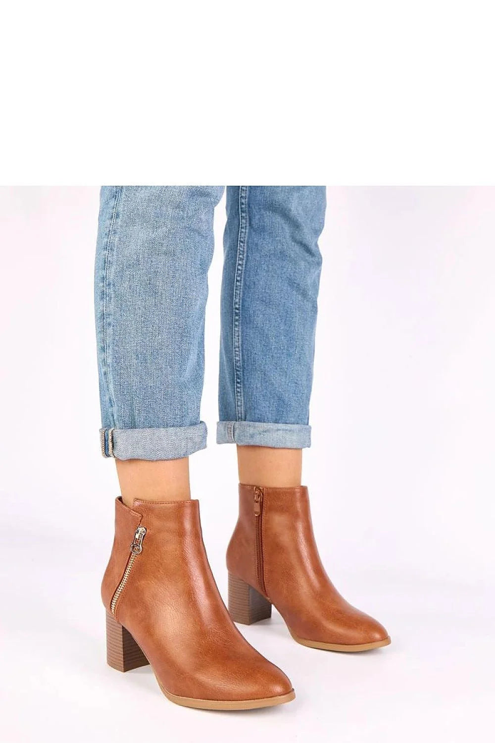 bottines femme cognac effet cuir écologique bout rond fermeture éclair décorative talon bloc 7cm tige 12cm semelle antidérapante doublure rembourrée