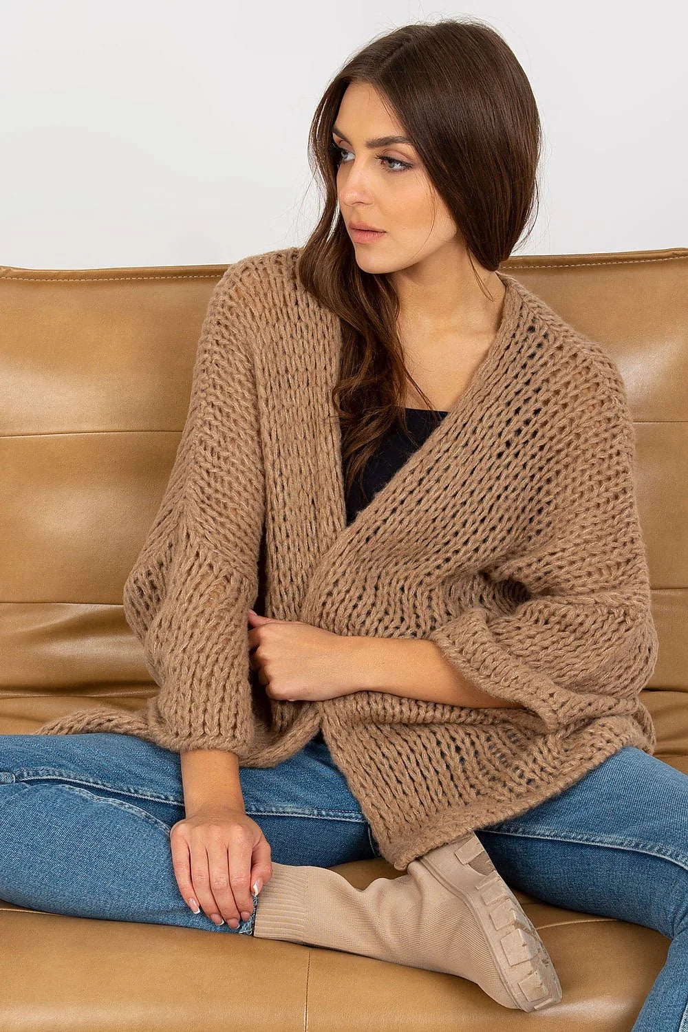 Cardigan femme Och Bella manches longues décontracté beige taupe laine mélange chaleureux style casual
