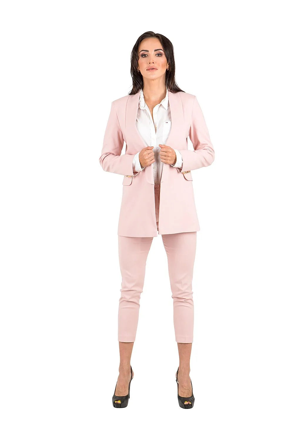 Veste et pantalon tailleur pour femme style professionnel élégant rose pâle matière légère extensible