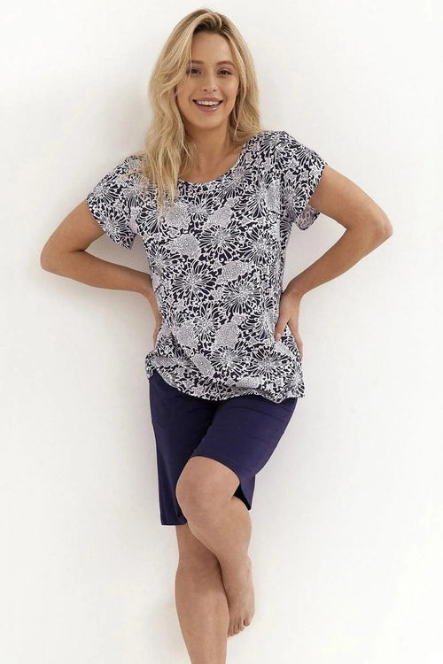Pyjama Cana pour femme, short uni, t-shirt à manches courtes, motif floral blanc sur noir, coton respirant, coupe ample, style décontracté, occasion estivale ou quotidienne
