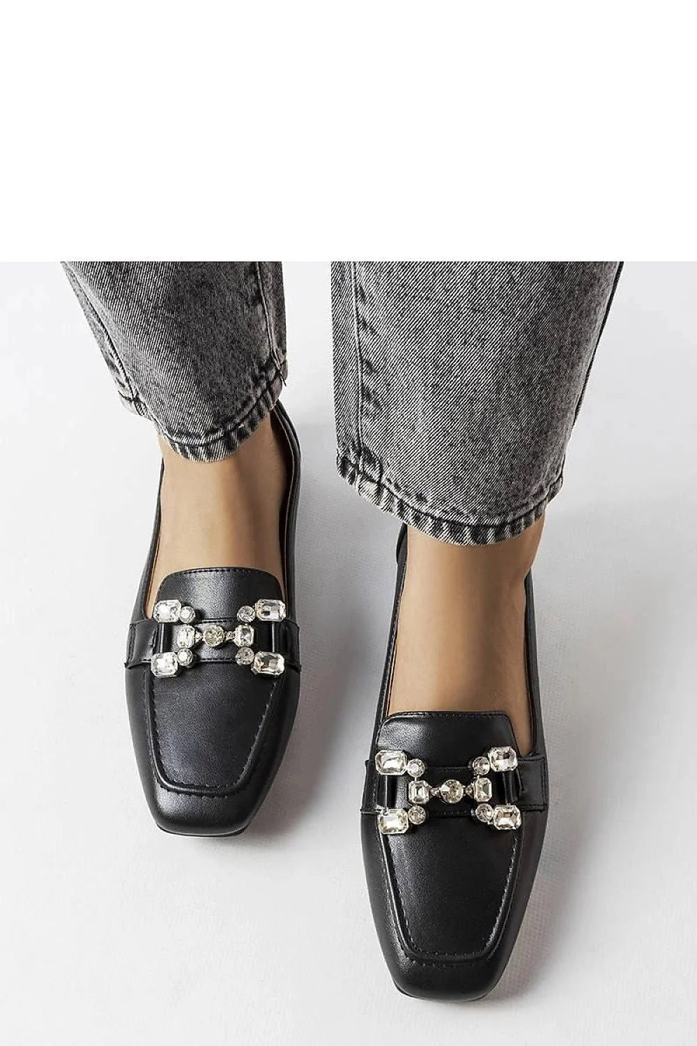 Moccasins élégants pour femmes en cuir écologique noir zircons ornementés bas talon confortable occasionnels formels semi-formels Marechal