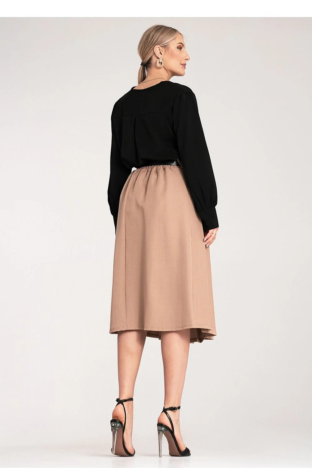 Jupe plissée élégante longueur midi taille haute ceinture noire femme polyester elasthanne robe professionnelle occasion formelle