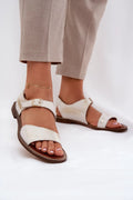 Sandales pour femmes élégantes ouvertes cuir naturel talon plat boucle ajustable blanc crème doré zircons summer shoes