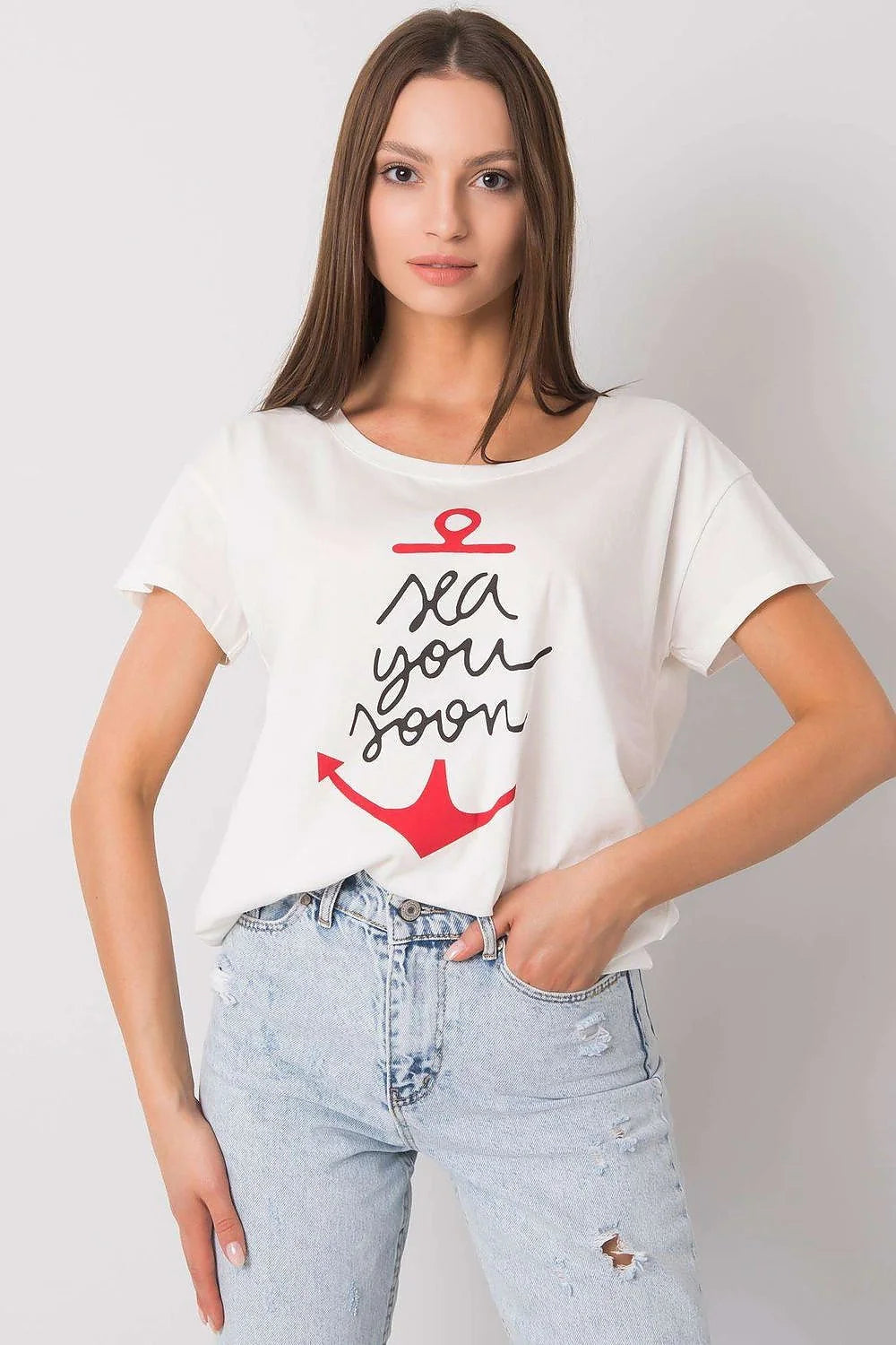 T-shirt pour femme design ancre 'sea you soon' vert menthe manches courtes col rond ajusté