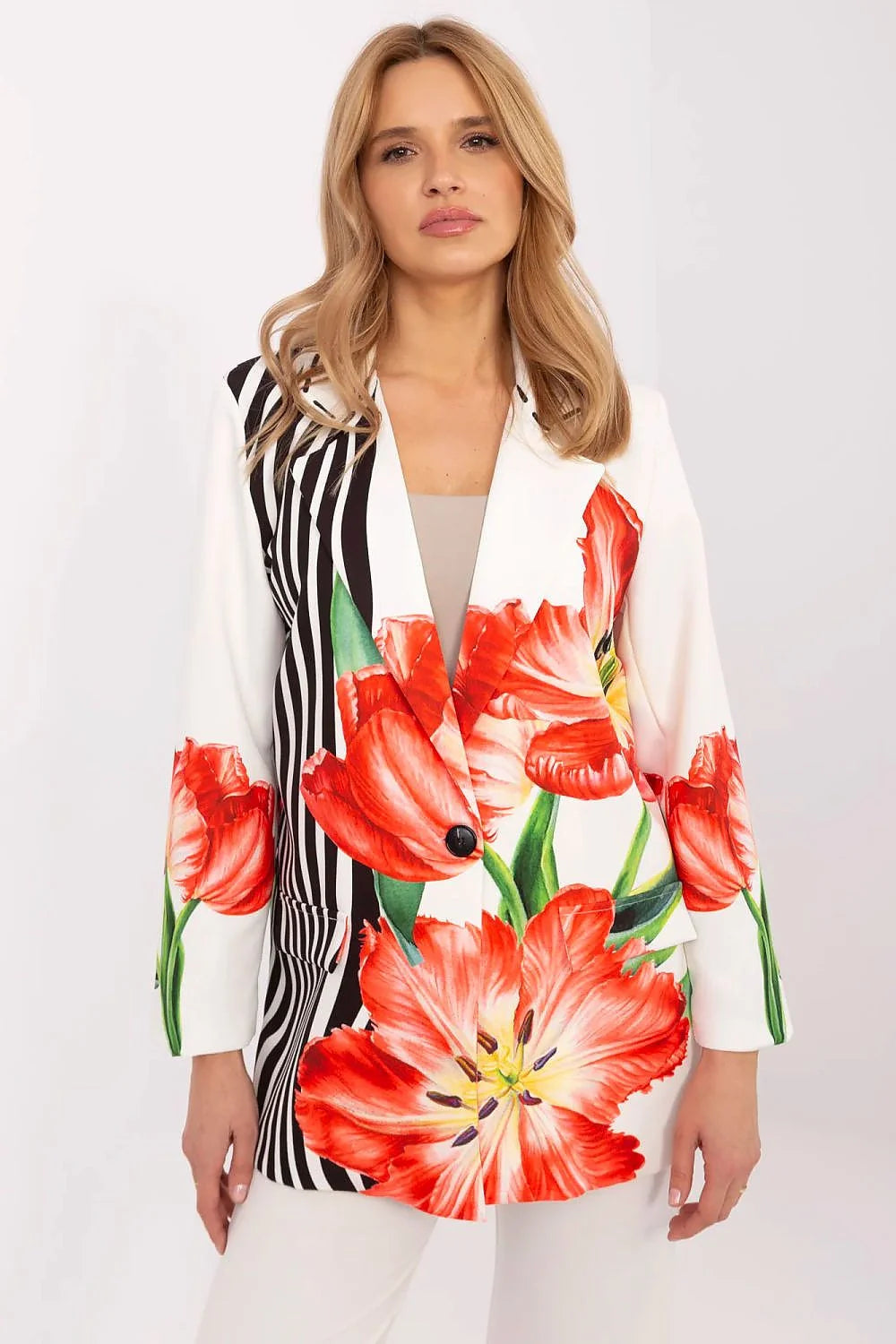 Veste pour femme blazer floral artistique coupe structurée motifs tulipes rayures noir et blanc occasionnels office soirée polyester confort