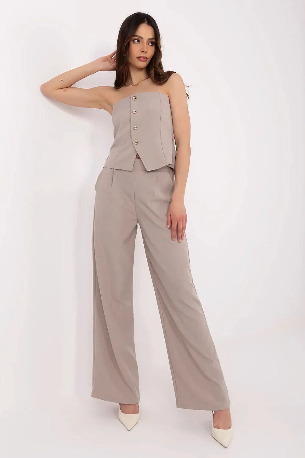 Ensemble chic élégant pour femmes sans manches bustier pantalon palazzo tissu léger beige sable