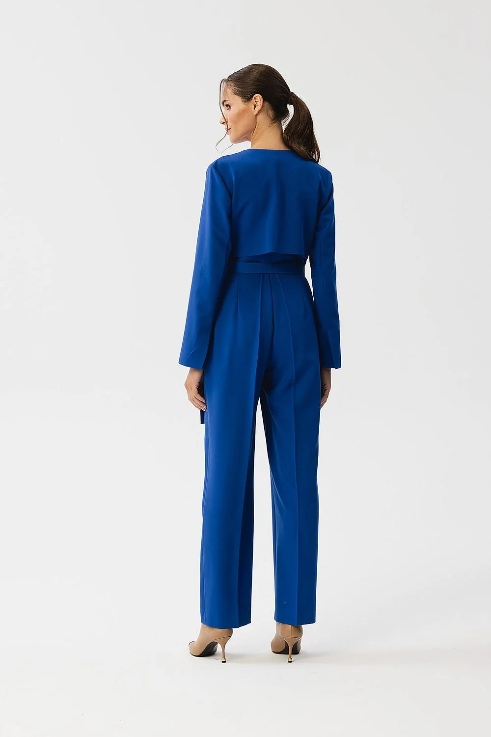 Combinaison Stylove bleu élégante modern style V-neck longues manches taille ajustable ceinture fabric femme