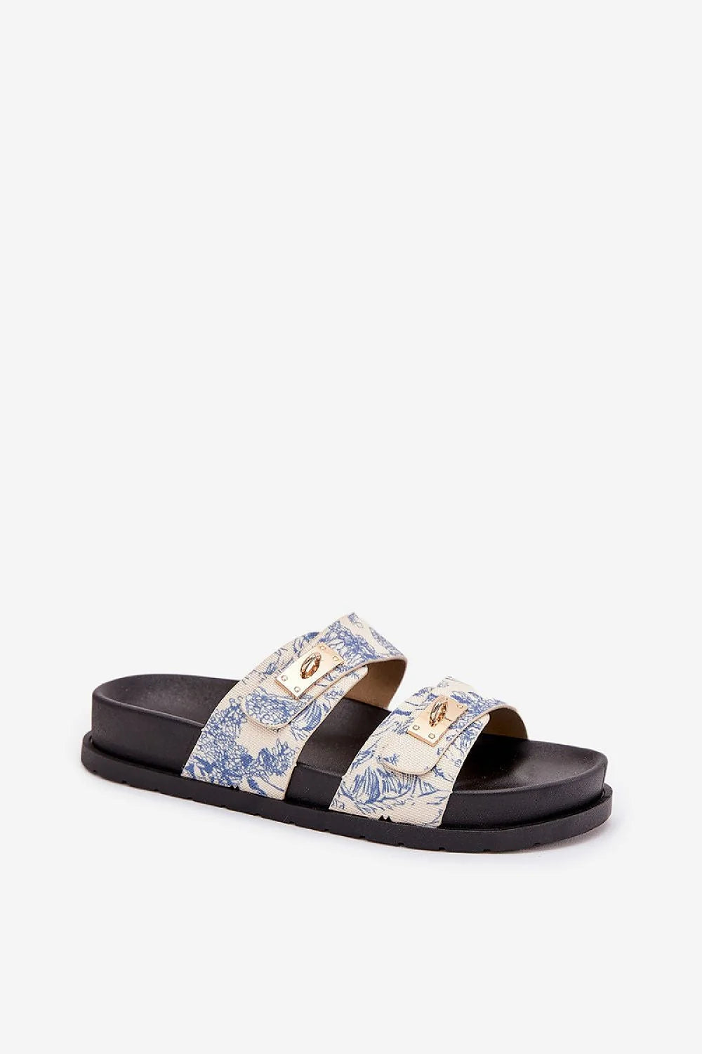 sandales plateforme brides tissu beige imprimé floral bleu détails métalliques dorés semelle caoutchouc noire antidérapante rembourrée confortable mules élégant estival