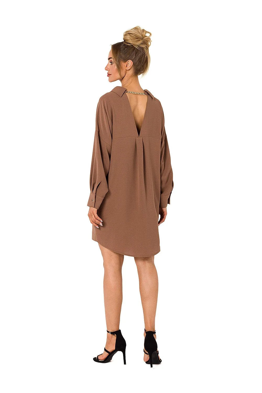 Robe de jour Moe courte femme tissu fluide couleur brun terreux manches longues poignets boutonnés col à revers