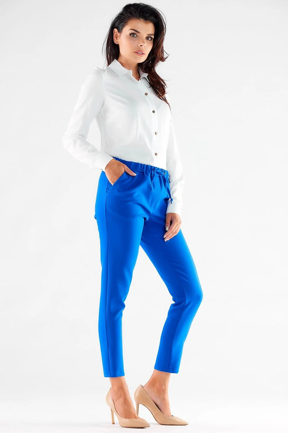 pantalon femme awama pieddepoule bicolore cigarette ajustee cheville mihaute taille elastique cordon poches laterales tissu souple polyester viscose confortable