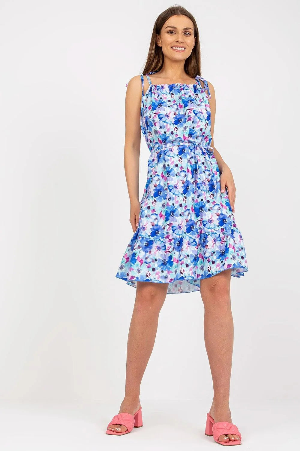 Robe de jour Rue Paris imprimé floral été épaules fines lacets taille nouée volants jupe évasée genoux court polyester femme