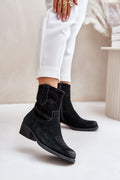 Bottes pour femmes style cow-boy en suédé noir talon bas bout carré zipper isolation