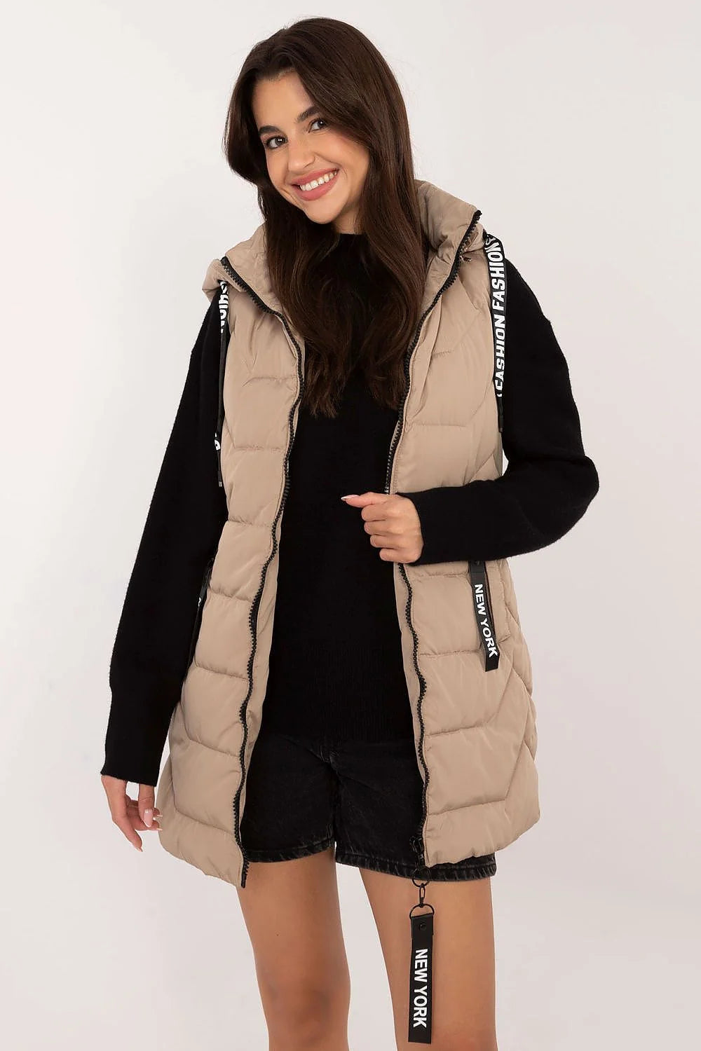 Gilet sans manches pour femme style urbain moderne décontracté coupe longue zippé capuche rembourrée beige clair polyester fonctionnel graphique occasions multiples