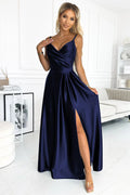Robe longue élégante sans bretelles en satin bleu marine Numoco occasion formelle fente高 taille ajustable femme