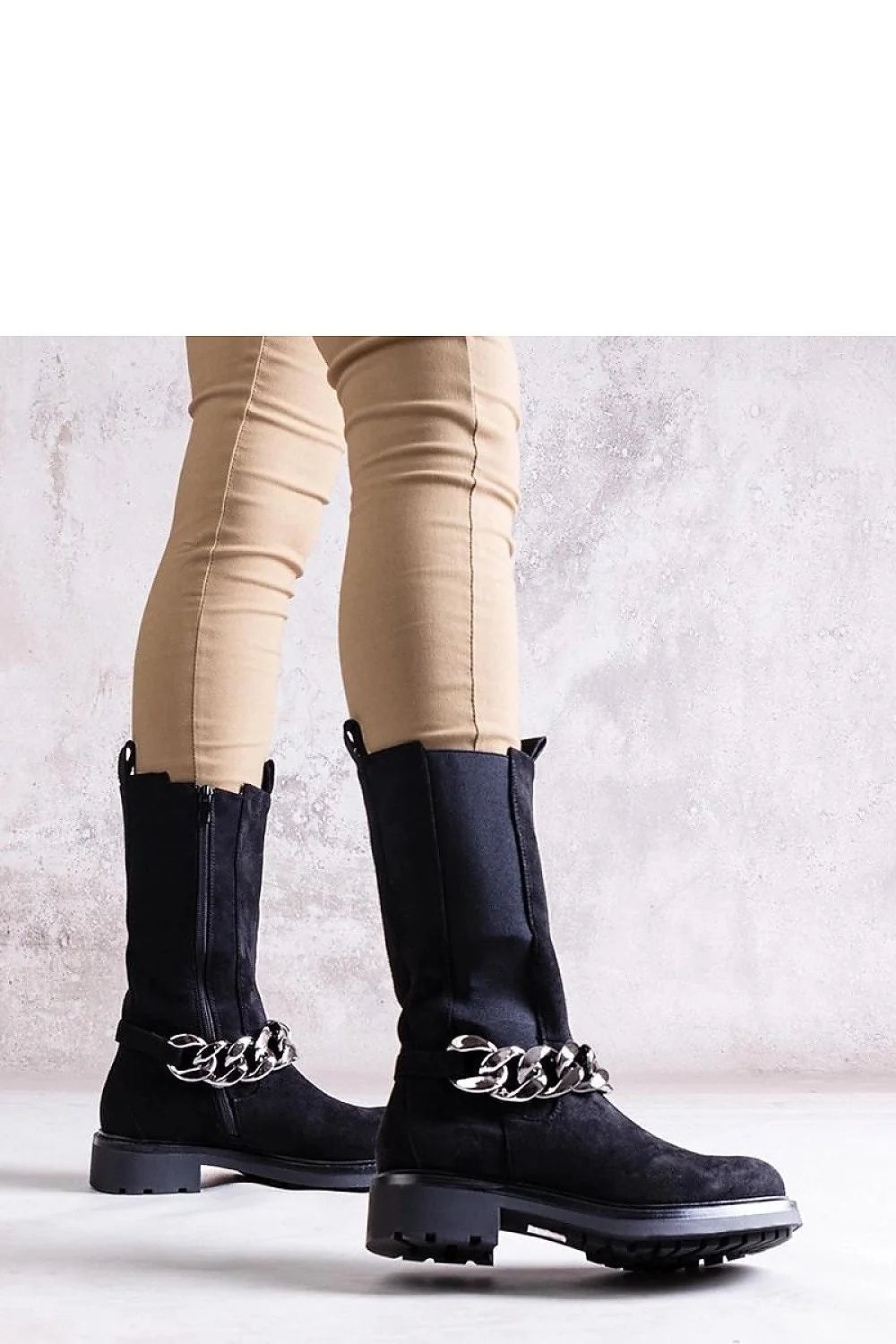 Bottes à talons Solea cuir noir chaîne métal hauteur genou zip latéral confort port semelle caoutchouc élégance moderne femmes