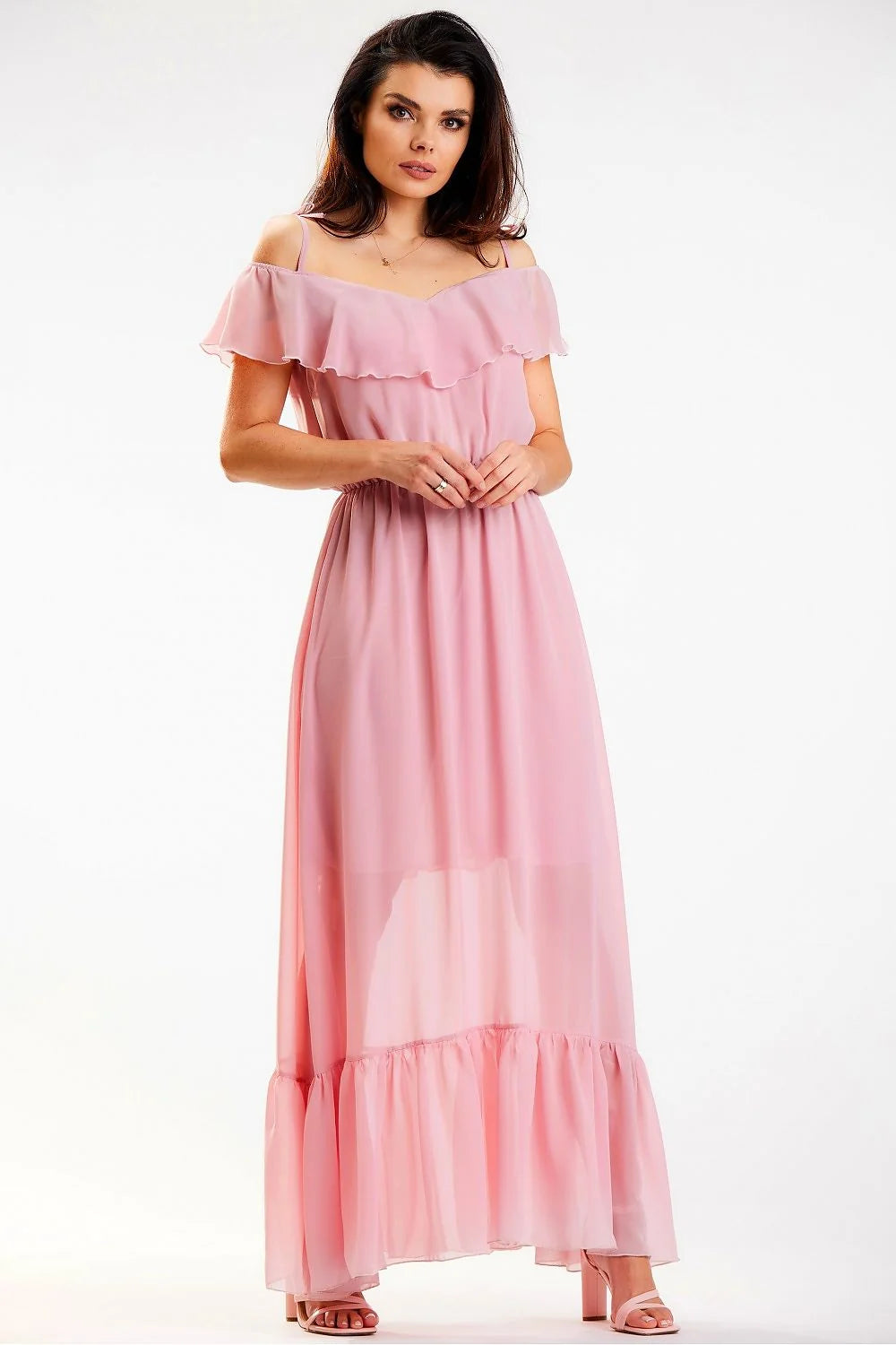 Robe de jour awama longue en mousseline manches épaules dénudées volants taille élastique femme