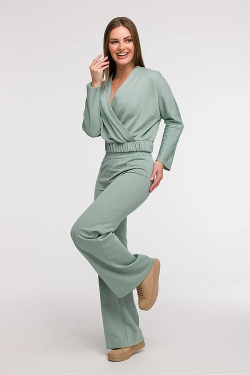 Bewear ensemble femme sweatshirt pantalon cachecoeur colV mancheslongues taillehaute ceintureelastique maille douce extensible vert sauge coupeajustee couturesvisibles minimaliste confortable