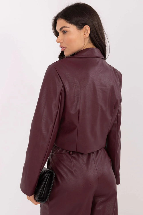 blazer similicuir femme croppé court bordeaux double boutonnage revers classiques épaulettes structurées manches longues doublé confortable style rock chic moderne