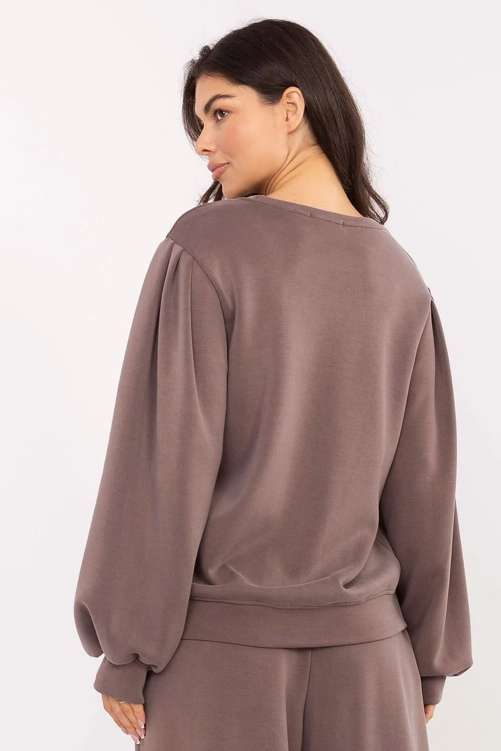 sweatshirt femme oversize manches bouffantes col rond douceur drapé fluide taupe mauve palazzo pantalon taille haute ourlet long élégant décontracté