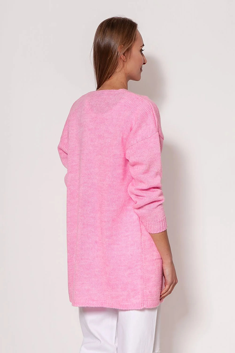 cardigan long femme gilet maille douce rose coupe droite minimaliste manches longues épaules tombantes poches plaquées bords côtelés mi cuisses