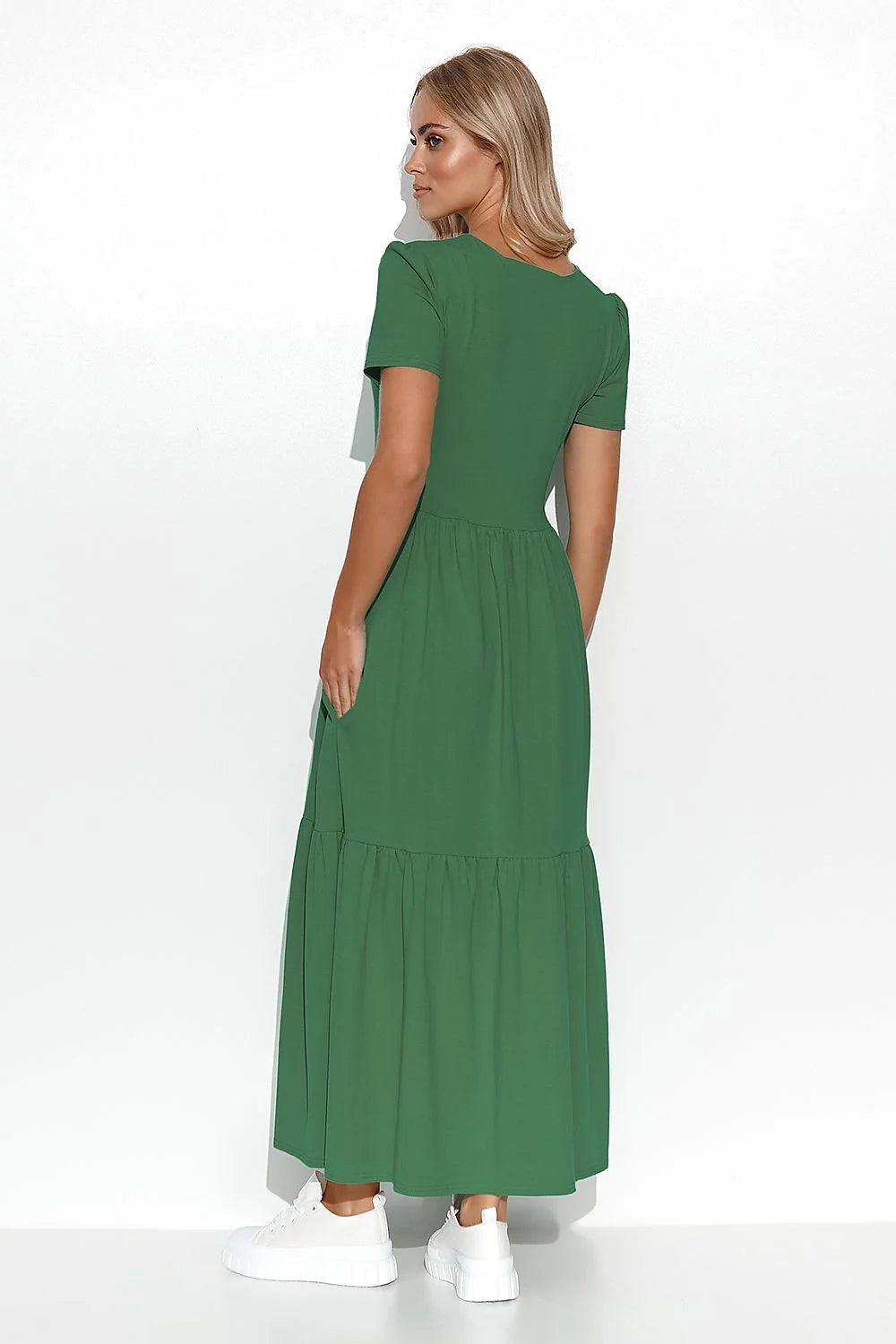 Robe de jour Makadamia style boho-chic couleur verte longue manches courtes encolure en V taille empire femme