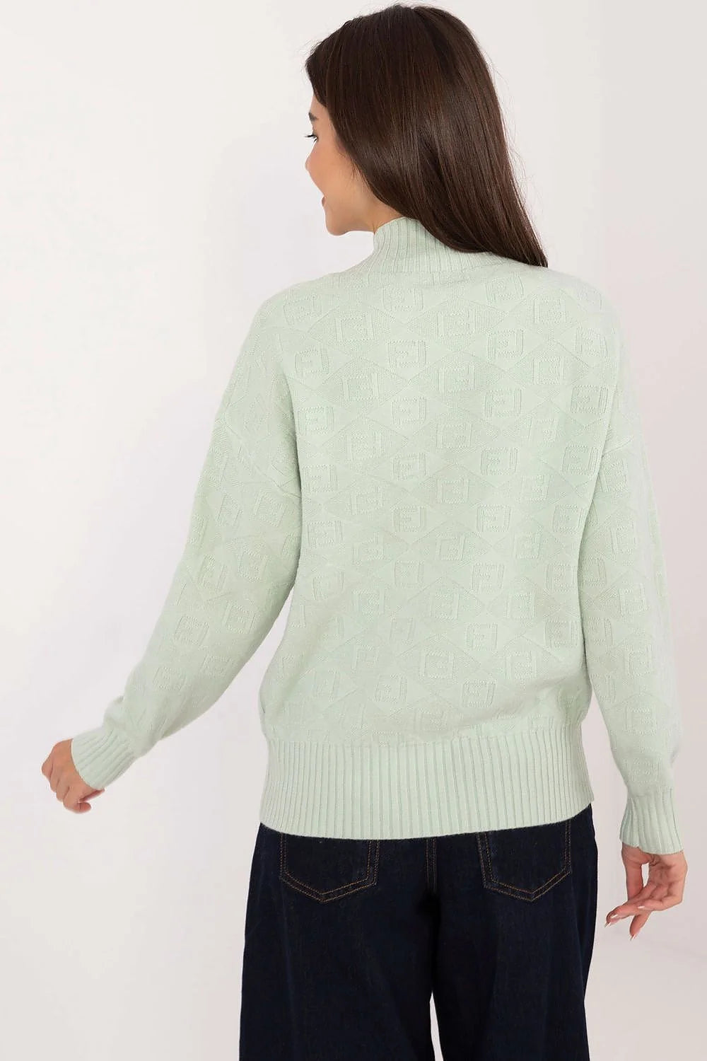 Pull femme élégant col montant côtelé vert menthe maille douce manches longues coupe ample