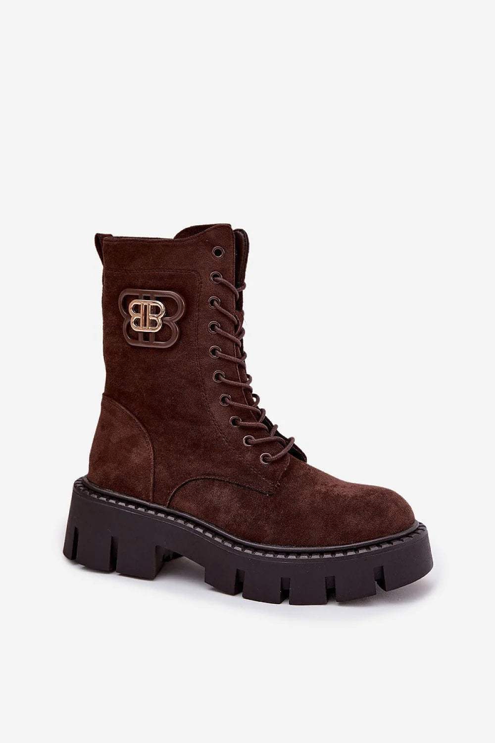 bottes femme suède écologique marron chocolat tige mi mollet bout rond laçage montant oeillets métalliques zippée semelle plateforme crantée talon