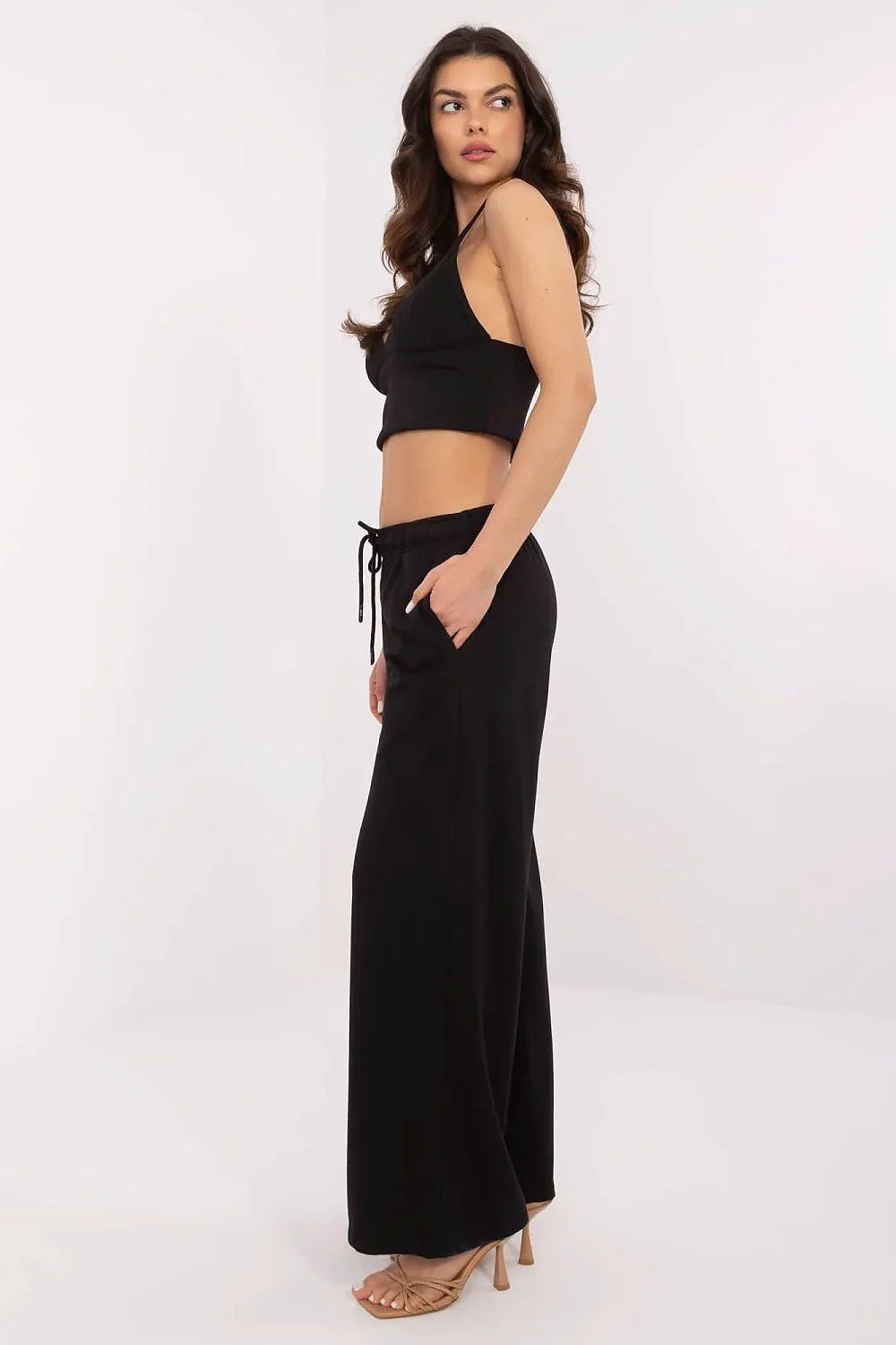 Pantalon survêtement Relevance - Ensemble deux pièces crop top large maille coton noir taille haute élastique