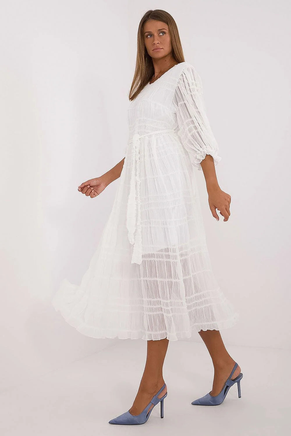 robe midi coton nylon plissé volants manches bouffantes trois quarts encolure ronde doublure ceinture nouée taille bohème mariage