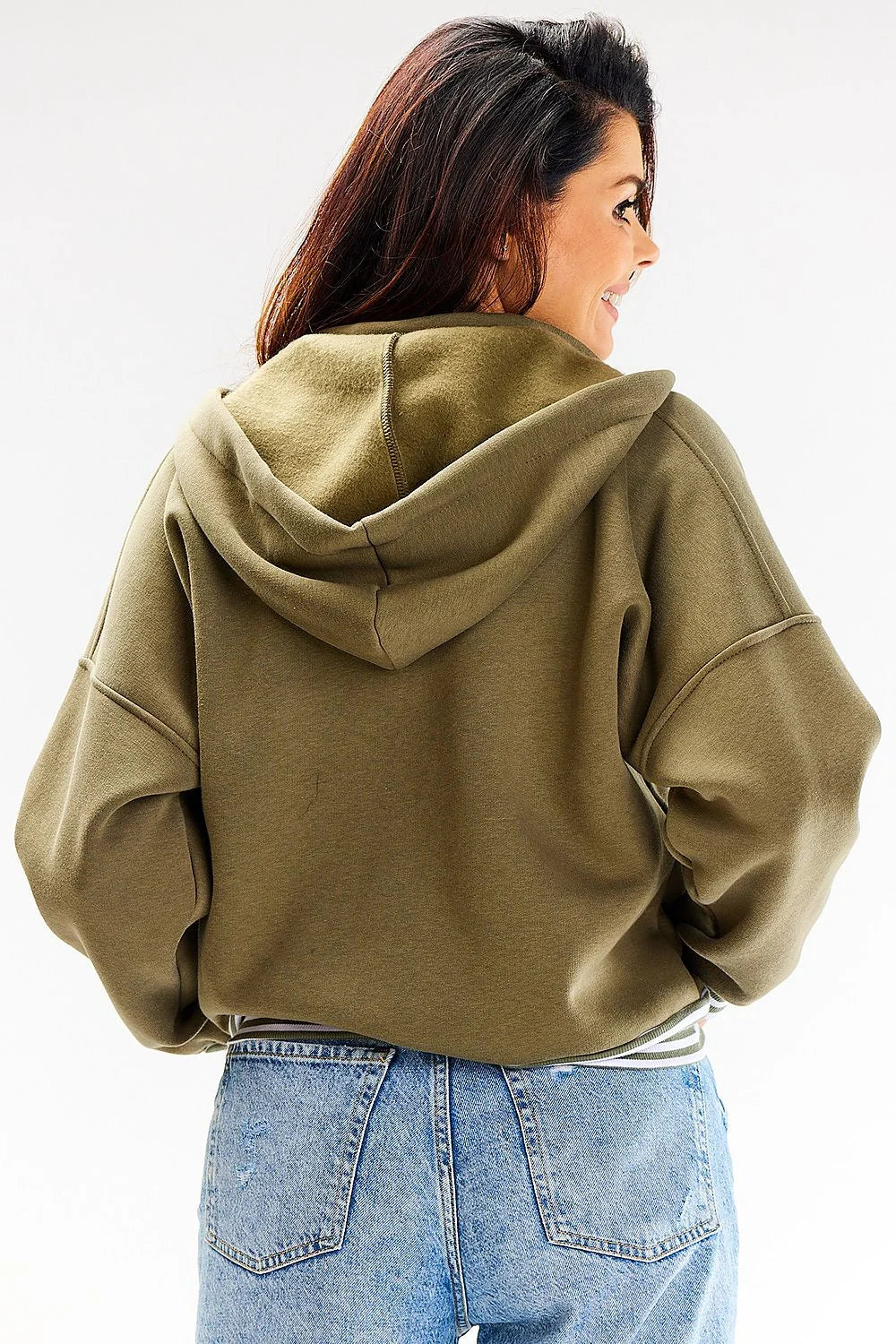 sweatshirt femme bomber capuche kaki oversize court molleton coton élasthanne bords côtelés rayures blanches boutons pression poches zippées manches tombantes