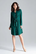 Robe chemisier femme élégante vert émeraude longues manches ceinture intégrée tissu fluide taille ajustable polyester elasthanne