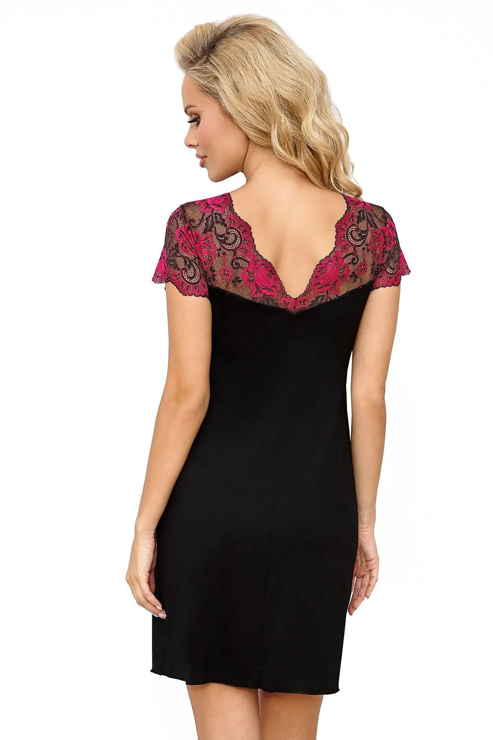 nuisette Donna élégante sensuelle dentelle fuchsia florale manches courtes décolleté V profond coupe ajustée viscose noire extensible coutures discrètes artisanale