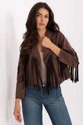 veste courte femme effet daim marron chocolat cropped boxy col tailleur ouvert sans fermeture franges longues bohème western rockchic
