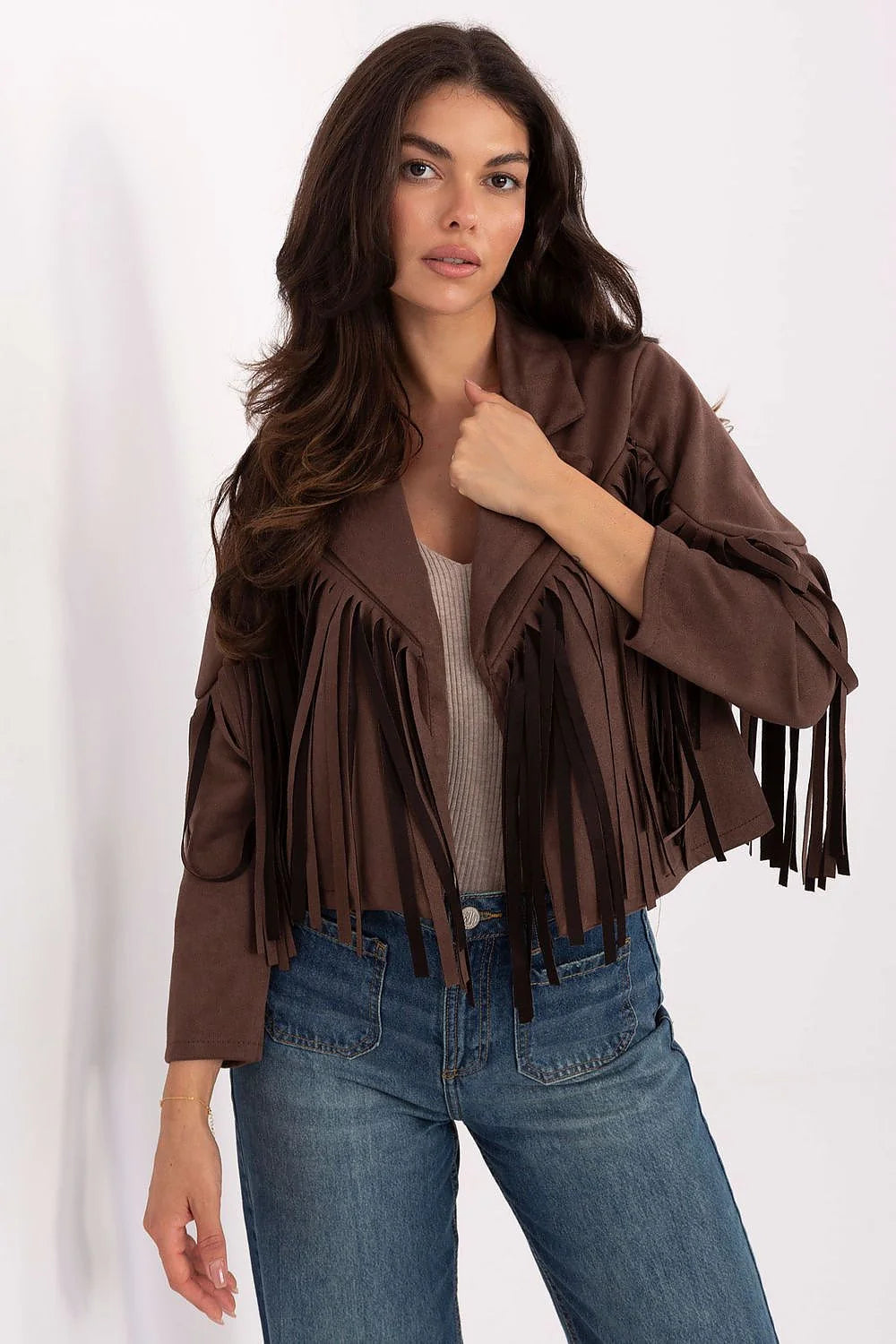 veste courte femme effet daim marron chocolat cropped boxy col tailleur ouvert sans fermeture franges longues bohème western rockchic