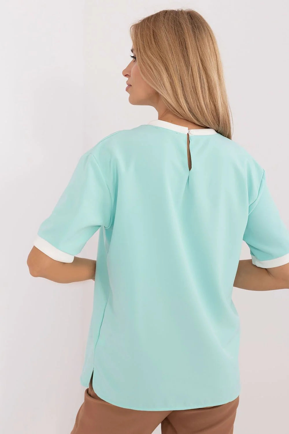 chemisier femme oversize manches courtes mint pastel col rond bordcotes blancs grand noeud papillon strass franges perles fluide