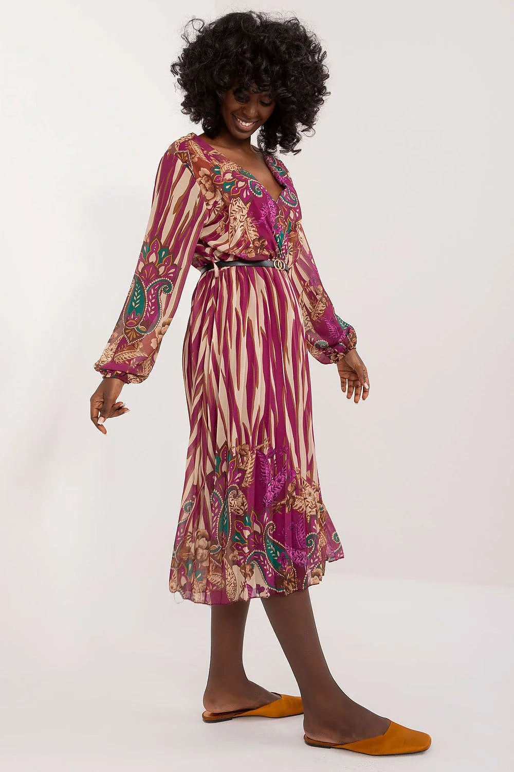 Robe de jour Italy Moda en polyester imprimé floral ethnique longueur midi encolure V manches longues élastiques