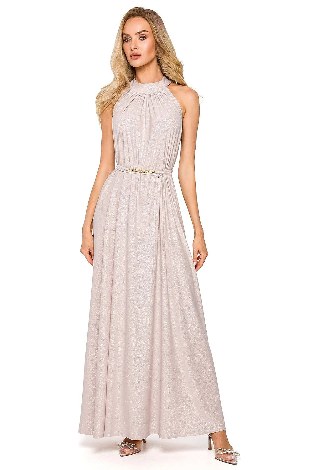 Robe de soirée élégante vert émeraude décolleté dos nu tissu brocart ceinture en chaîne dorée femme mariage gala