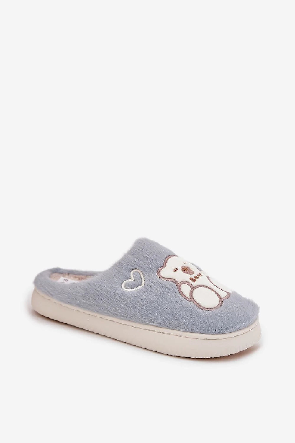 chaussons femmes fausse fourrure bleu pastel mules bout fermé ours brodé coeurs doublure pelucheuse semelle épaisse blanche cocooning confortable isolante
