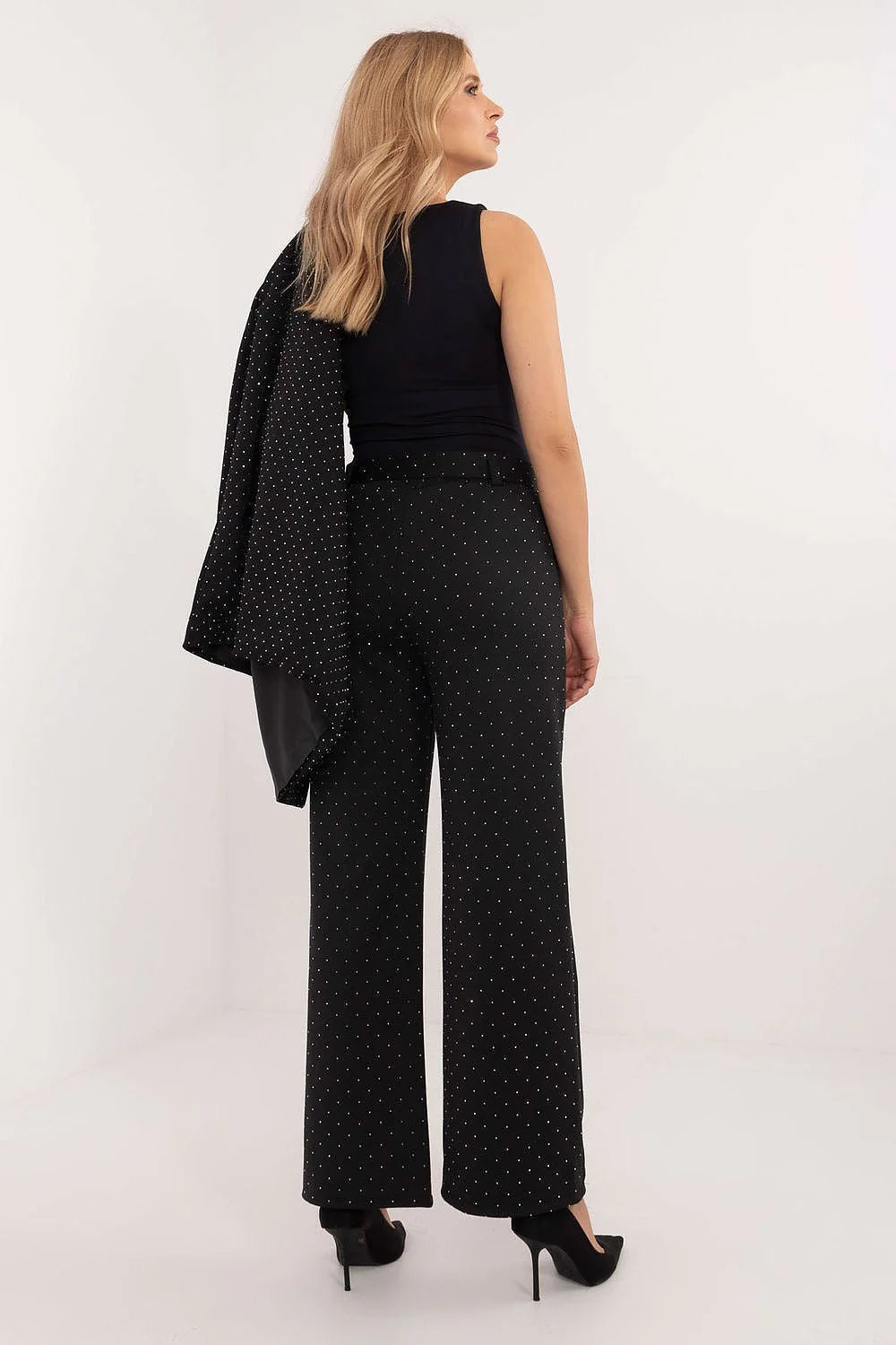 Pantalon femme élégant noir motif pois taille haute coupe large moderne soirée occasion formelle