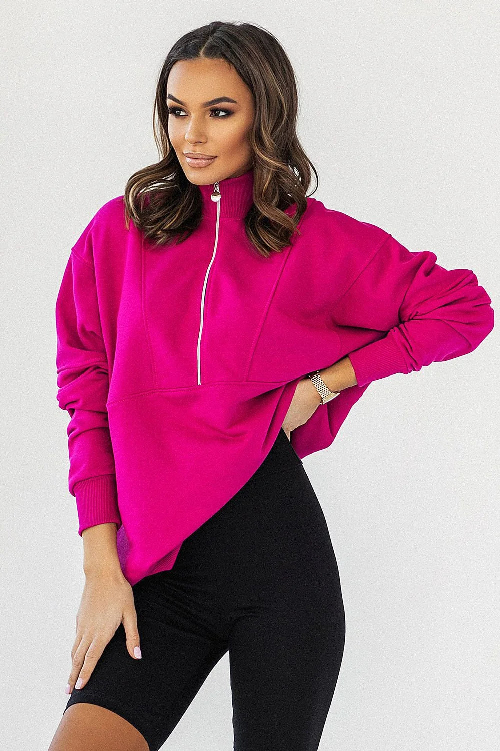 Sweatshirt pour femme moderne oversize col montant zippé manches longues coupe ample