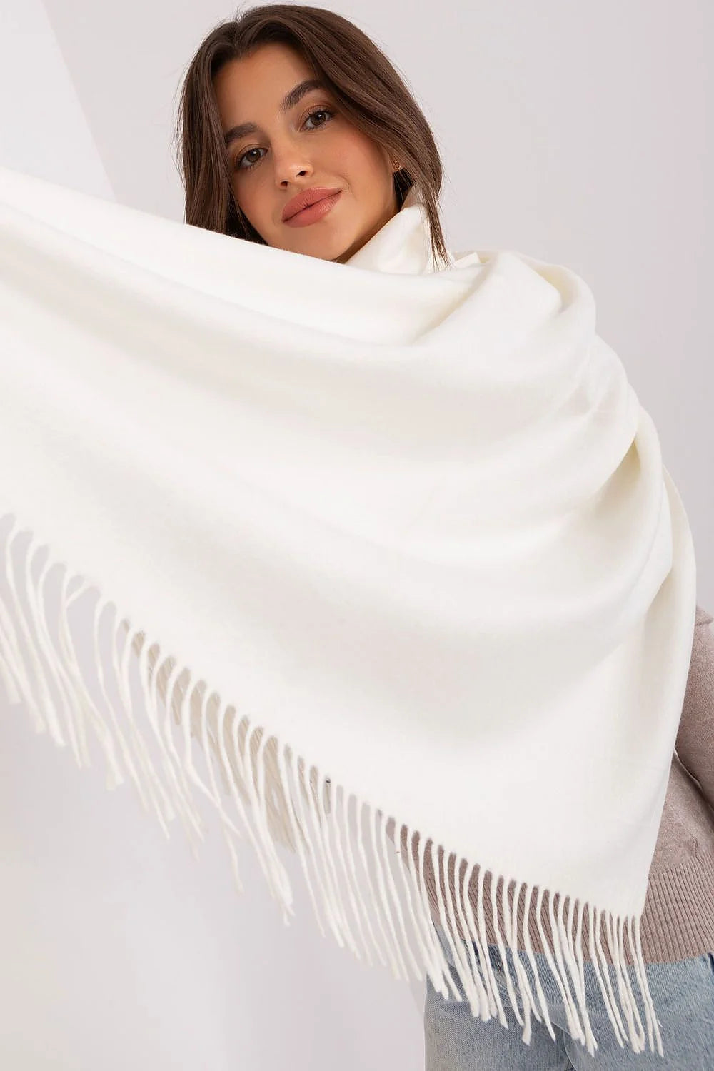 Écharpe élégante pour femme, hiver, pompons, style intemporel, coton, laine, blanc cassé, franges, longueur 196 cm, écharpe longue, accessoire mode, chic, polyvalent