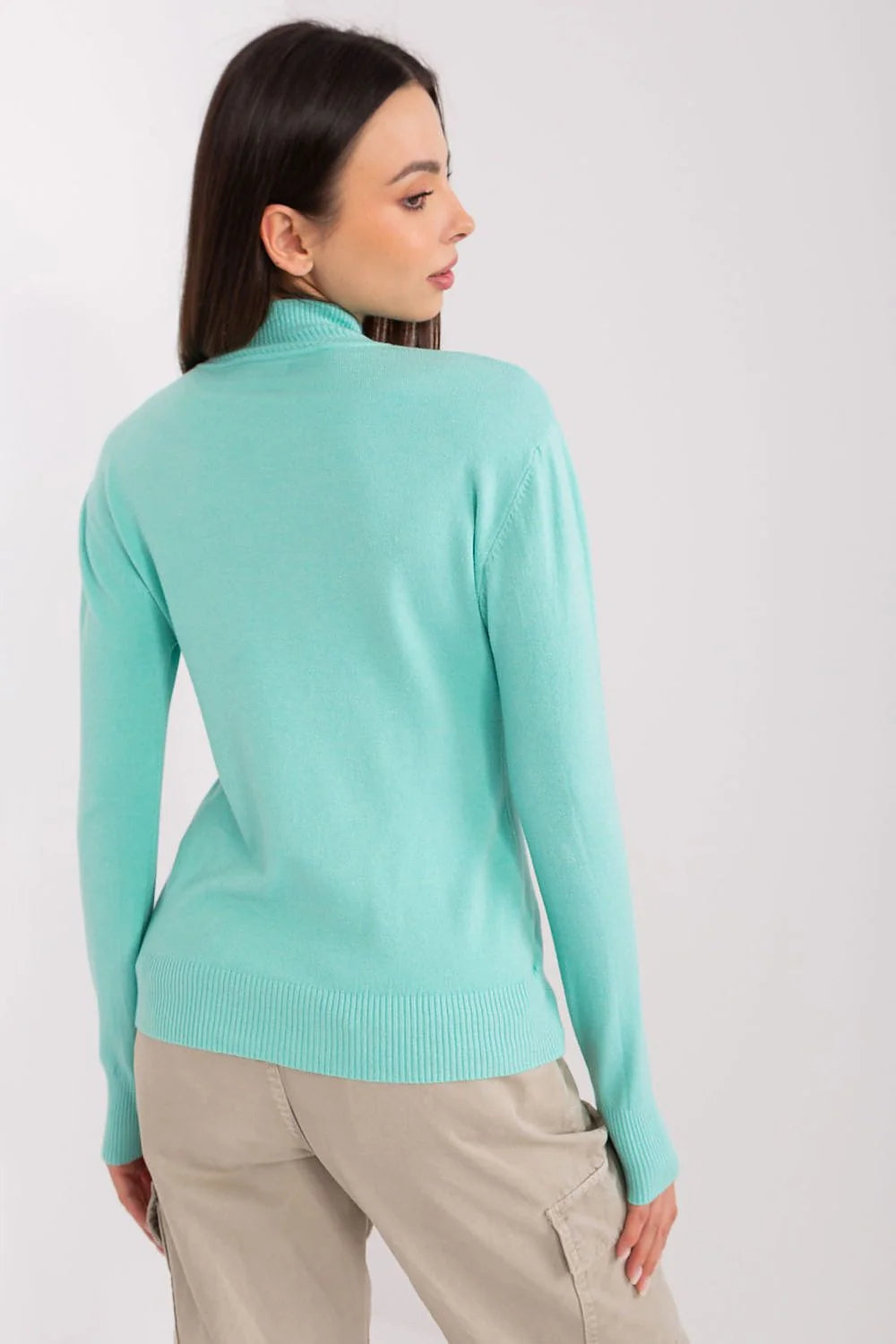 Pull col roulé maille mélange laine cachemire bleu menthe manches longues style épuré féminin pour quotidien travail