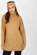 Pull long femme col roulé beige camel tricoté élasthanne acrylique polyester coupe ample manches longues