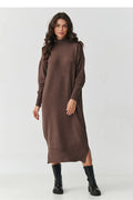robe pull midi oversize col roulé manches longues maille épaisse côtelée ourlet fentes latérales marron chocolat confortable