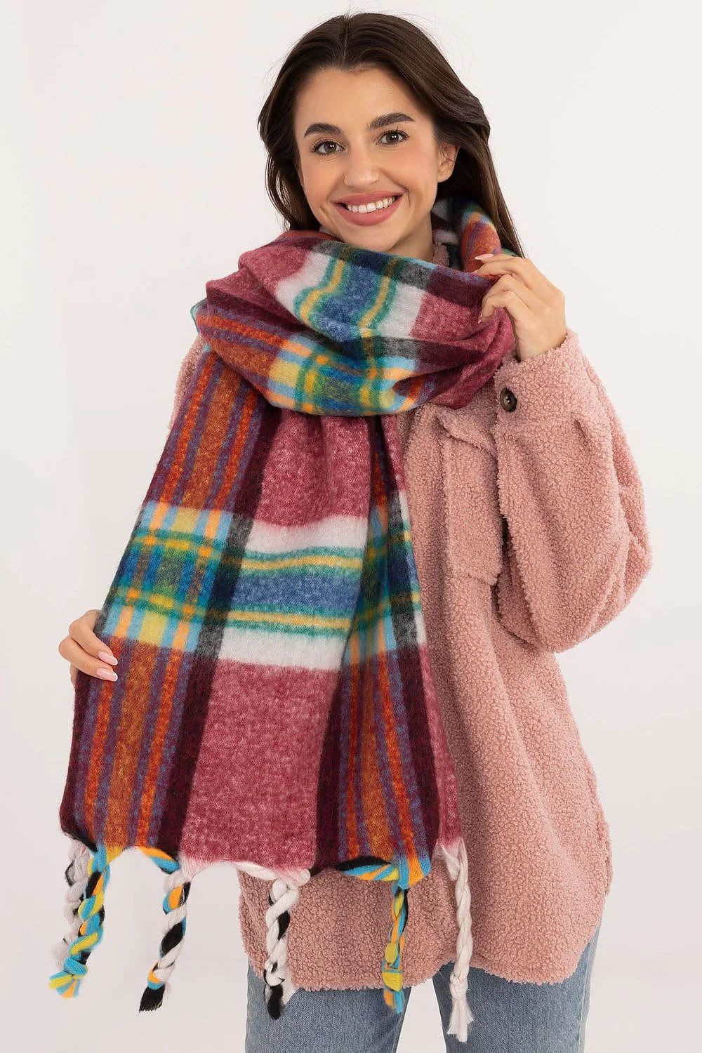 châle polyester carreaux oversize brossé franges tressées multicolore bordeaux bleu jaune vert liserés blancs longue généreuse chaud doux