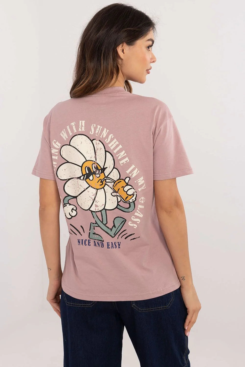 T-shirt femme coton décontracté design brodé col rond manches courtes style moderne rose pâle Good Morning floral