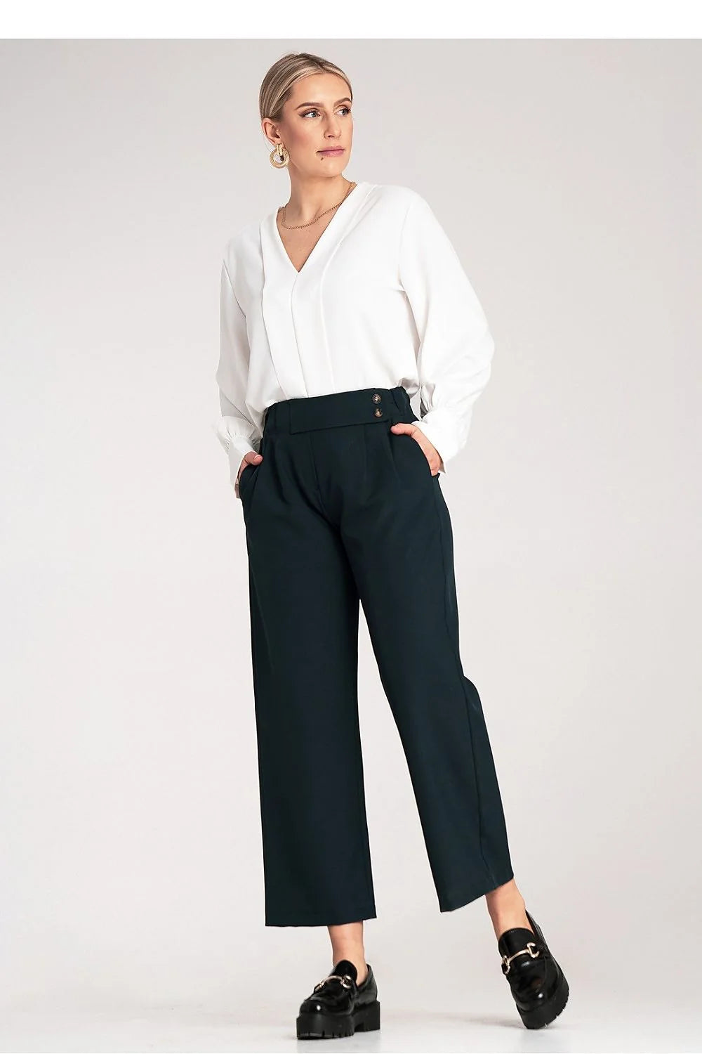 Pantalon femme élégant large taille haute avec boutons détails plis polyester élasthanne 5% couleur bleu marine foncé
